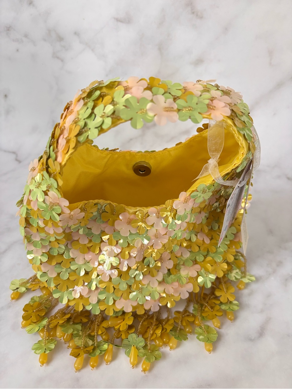 Viral Yellow & Green Floral Beaded Purse Handbag Hand Crafted in India NWT - Picture 6 of 6